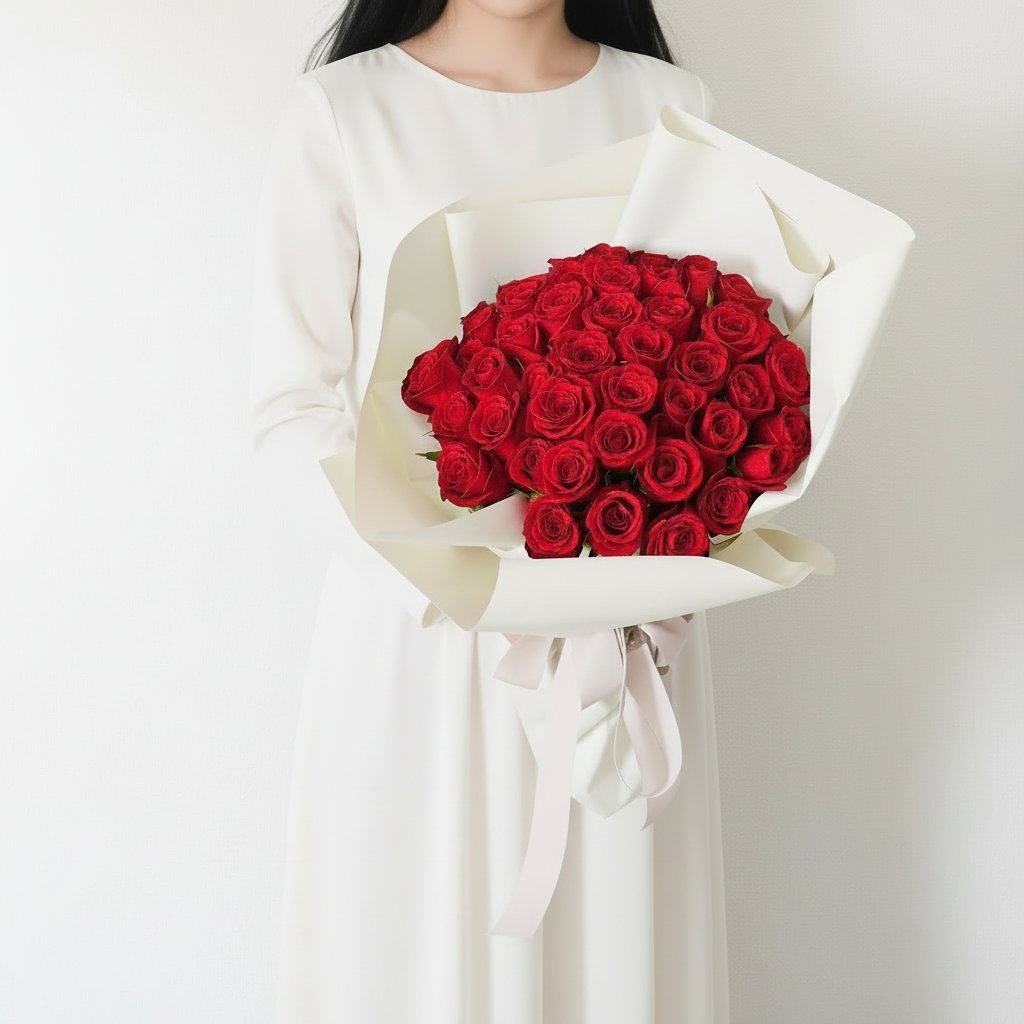 50本のバラのブーケ（生花 / レッド） – パコスフラワー